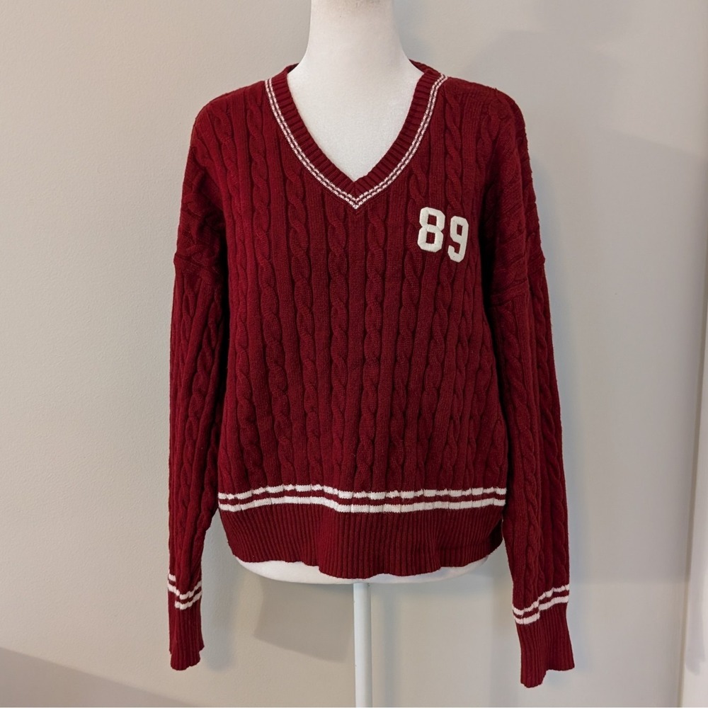 Arden B Womens V-Neck Tennis Sweater LARGE Burgundy Varsity Preppy Cable Knitโ